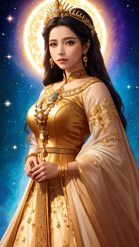 una mujer con un vestido dorado y una corona parada frente a un cielo lleno de estrellas, a beautiful fantasy empress, ((a beautiful fantasy empress)), diosa. detalle extremadamente alto, celestial diosa, retrato de darna moderna, retrato de la reina de la...