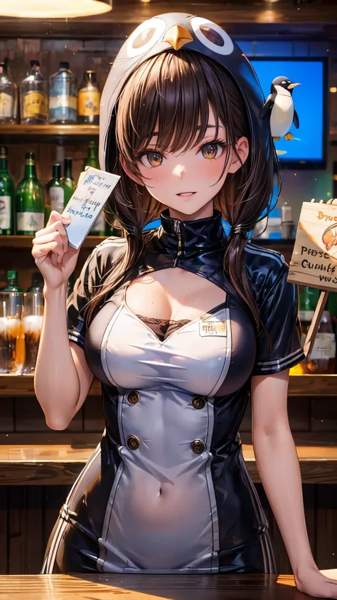 a woman serving customers at the bar counter, she is wearing a penguin costume, inside the bar, ((highest quality)), ((masterpie...