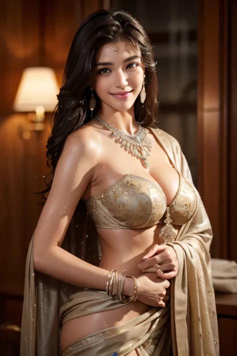 Arafe woman wearing sari and necklace, complex set, Bejeweled, wearing complicated clothes, intricate jewelry, with intricate details, intricate costumes, wearing elegant jewelry, intricate details. from the front, black gem, detailed jewelry, high intrica...