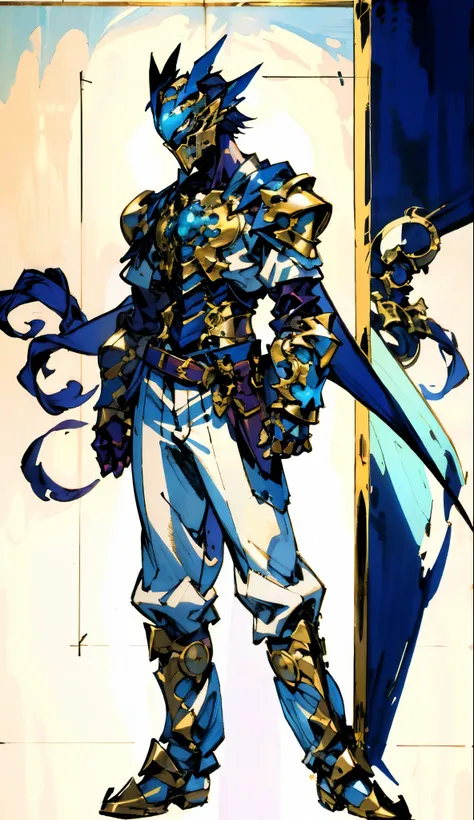 A man with short golden hair slicked back, his face entirely obscured by a Dynastinae concept mask, full mask, cold gaze, clad in an indigo blue fantasy-style Dynastinae concept chest plate, his arms and legs are clad in matching armor, he wears a white un...