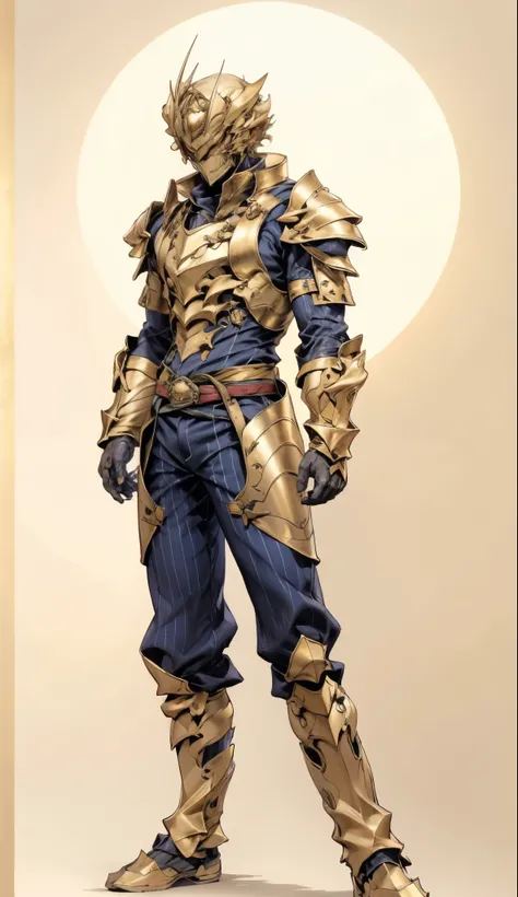 A man with short golden hair slicked back, his face entirely obscured by a Dynastinae concept mask, full mask, cold gaze, clad in an indigo blue fantasy-style Dynastinae concept chest plate, his arms and legs are clad in matching armor, he wears a white un...