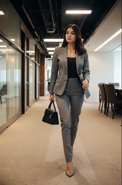 a woman wear a tailored clothes with blazer with matching bag, walking in a corporate location, realistic, high quality, professional photography