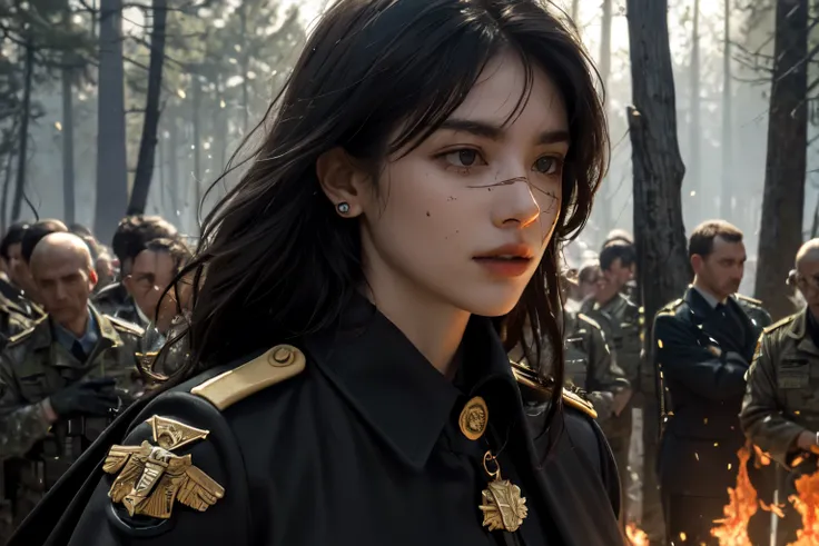 realistic, masterpiece, best quality, close-up, lips , upper body , no makeup, mature female, cowboy shot, black hair, military uniform, black military jacket , black cape , , badge, military jacket , , valor , golden badge , military badge, depth of field...