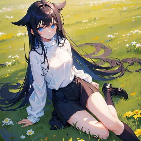 1girl, black straight long hair, Blue eyes, (detailed face), full body, ((intense white sweater)), medieval, (grassland background),masterrpiece, black pants, (cute face)