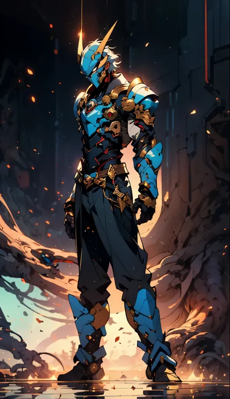 A man with short golden hair slicked back, his face entirely obscured by a Dynastinae concept mask, full mask, cold gaze, clad in an indigo blue fantasy-style Dynastinae concept chest plate, his arms and legs are clad in matching armor, he wears a white un...