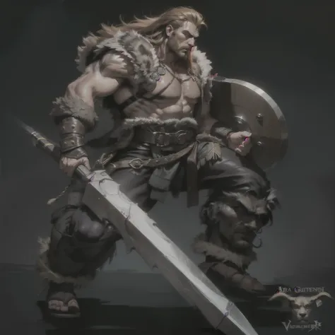 un hombre con un hacha a 2 manos parado frente a un fondo negro, barbarian warrior, barbarian class, barbarian, norse warrior, male barbarian, frenetic viking, fur-clad barbarian goliath, guerrero vikingo, guerrero masculino, personaje guerrero dnd, Retrat...