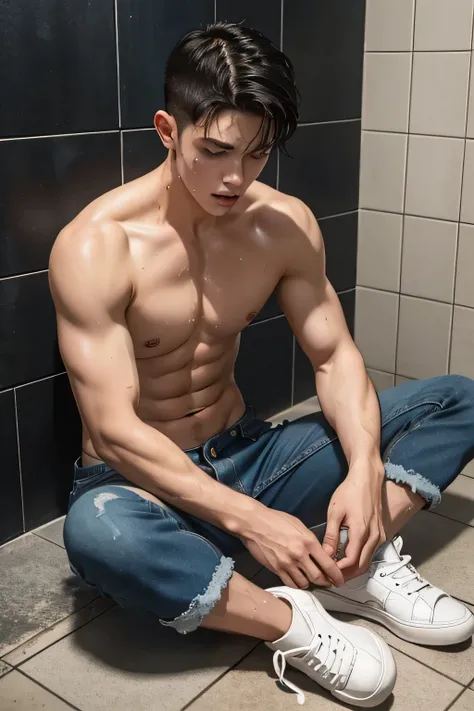 shirtless sweat-drenched 21-year old short black hair caucasian male, tattered jeans, sneakers, dripping with sweat, shirtless, sitting on the ground, in the shower