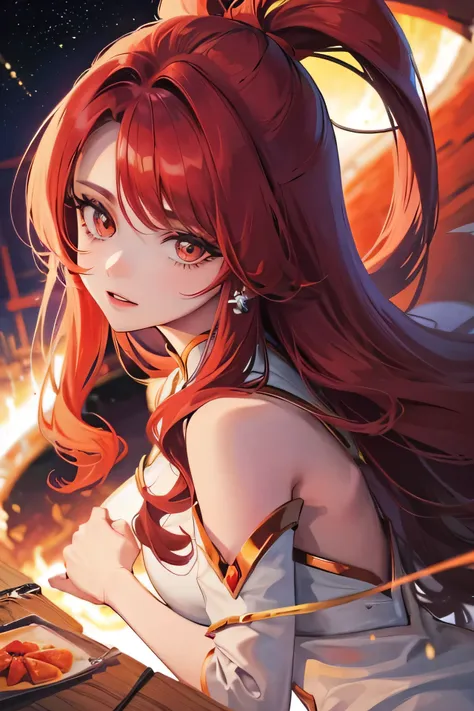 crie uma garota bonita com um cabelo curto e vermelho com mechas pretas que se parece com o personagem kirishima ejiro e tem olh...