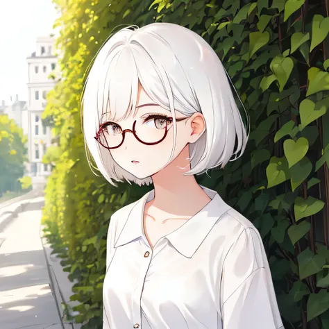 Girly girl, round glasses, white shirt, face close-up, white hair, light white eyes, pure, short hair, bangs, pale, smart, pencil 