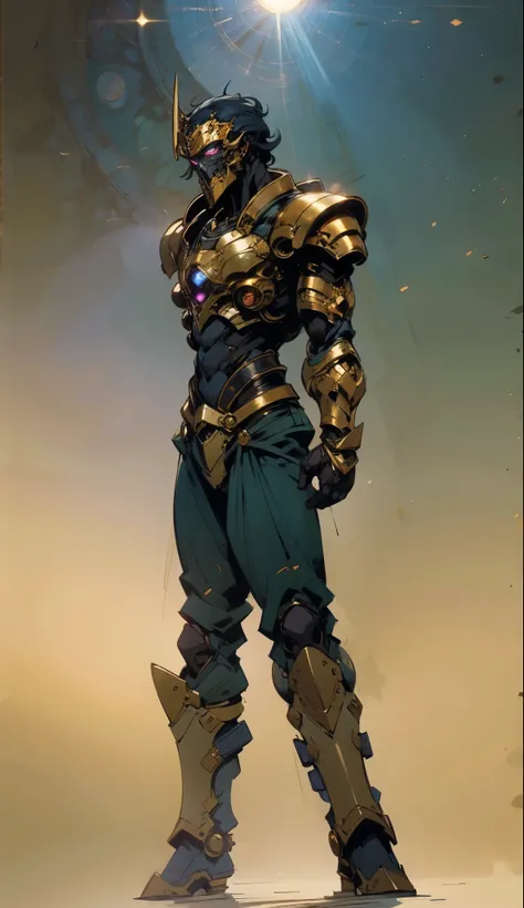 A man with short golden hair slicked back, his face entirely obscured by a Dynastinae concept mask, full mask, cold gaze, clad in an indigo blue fantasy-style Dynastinae concept chest plate, his arms and legs are clad in matching armor, he wears a white un...