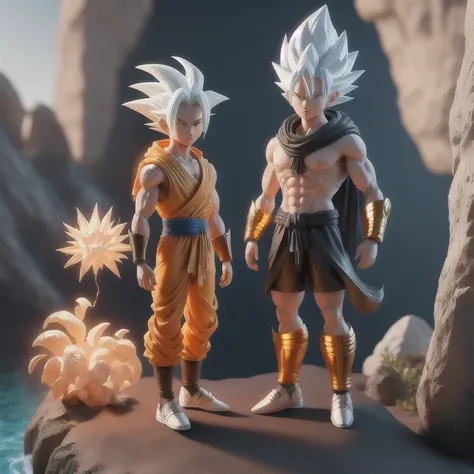 Goku, super saiyan, exquisite hair, arm depiction, white and blue hair body, exquisite shoes, eye depiction, exquisite hair, popmart blind box, clay texture, stepping on the land, black and white background, natural lighting, most good quality, super detai...