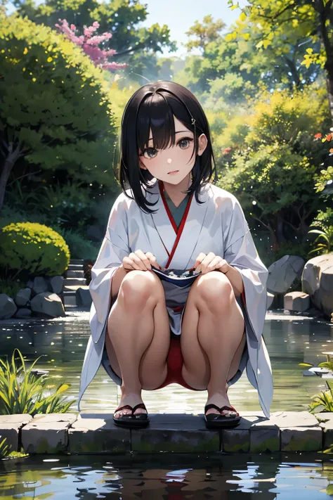 Mature woman in a white yukata squatting on a stone bridge in the Nishikigoi pond in the garden, tilting her head, long straight black hair, masterpiece, from below, detailed red panties