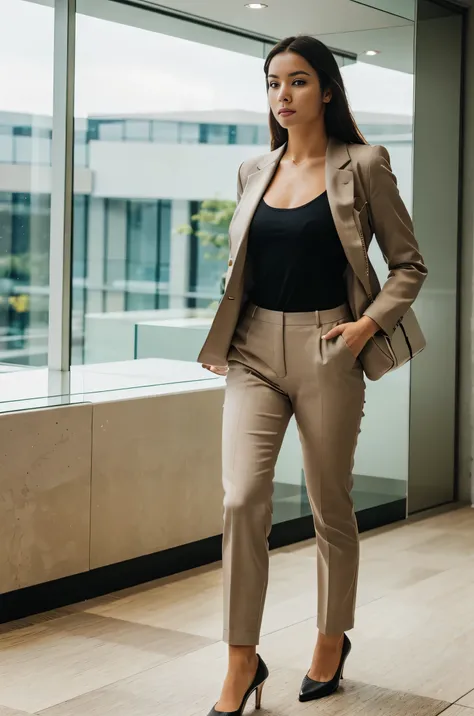 a woman wear a tailored clothes with blazer with matching cross body bag, walking in a corporate location, realistic, high quality, professional photography