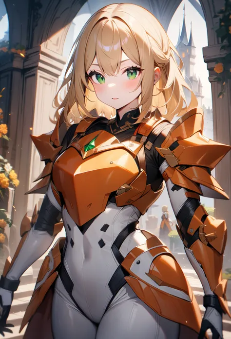 1girl,solo,Sala,original,blonde hair ,green eyes,white body suit,orange heavy armor,cowboy shot,fantasy,castle,ultra-detailed,sharp focus,aesthetic,(best quality)