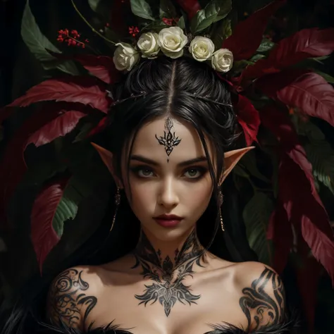 a close-up of a beautiful, hot, horny, sexy young black elf, with black hair tied in a bun, silky skin, thorn tiara with black funeral flowers adorning her head, with beautiful eyes, beautiful lips, wearing earrings, tattoos covering her chest to neck, pos...