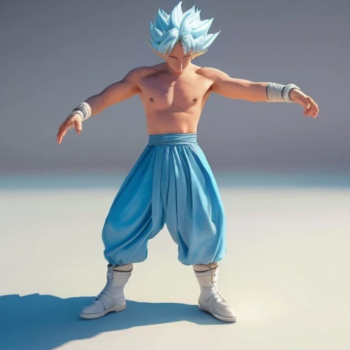 Goku, super saiyan, exquisite hair, arm depiction, white and blue hair body, exquisite shoes, eye depiction, exquisite hair, popmart blind box, clay texture, stepping on the land, black and white background, natural lighting, most good quality, super detai...