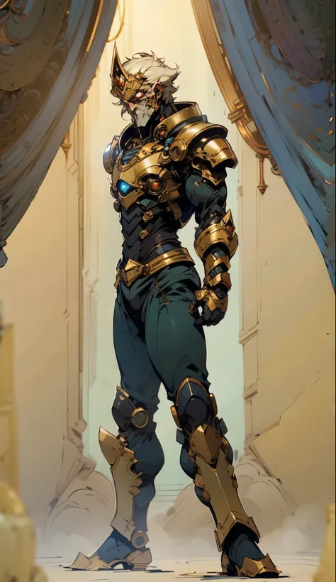 A man with short golden hair slicked back, his face entirely obscured by a Dynastinae concept mask, full mask, cold gaze, clad in an indigo blue fantasy-style Dynastinae concept chest plate, his arms and legs are clad in matching armor, he wears a white un...