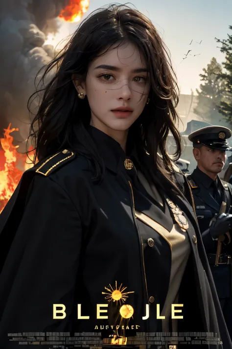 realistic, masterpiece, best quality, close-up, lips , upper body , no makeup, mature female, cowboy shot, black hair, military uniform, black military jacket , black cape , , badge, military jacket , , valor , golden badge , military badge, depth of field...