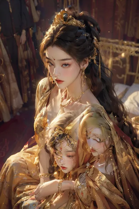 ((best quality)), ((masterpiece)), (detailed), perfect face, pretty face, beautiful female, beautiful body, expensive dress, gold dress, party dress, royal dress, golden crown, golden accessories, royal mistress, lay on the bed, angle from above, half open...