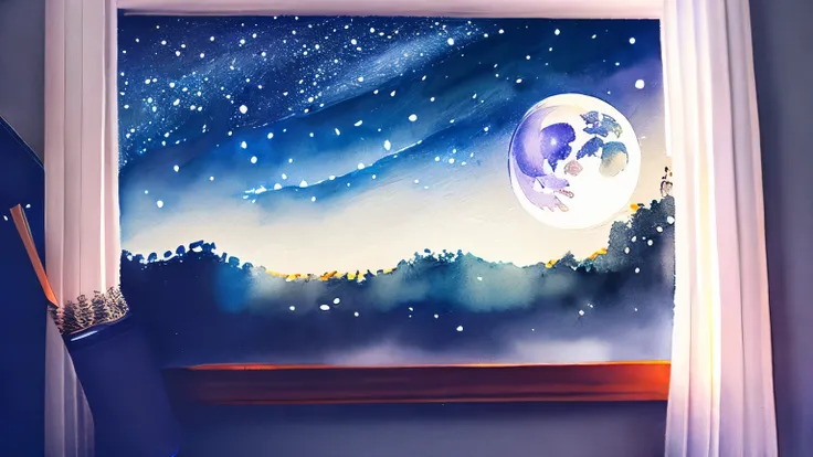 watercolor drawing art, wet-in-wet, blurred picture style, best quality, super fine, 16k, incredibly absurdres, extremely detailed, the night view from the guesthouses skylight, moon, stars, shooting stars