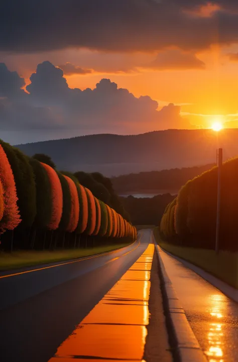 In the distance, a breathtaking sunset painting unfolds on the road before us. The aftermath of a storm leaves the sky moody, with a sunset in the background. The sun, still strong in the heavens, casts warm hues over the landscape as it sets, illuminating...