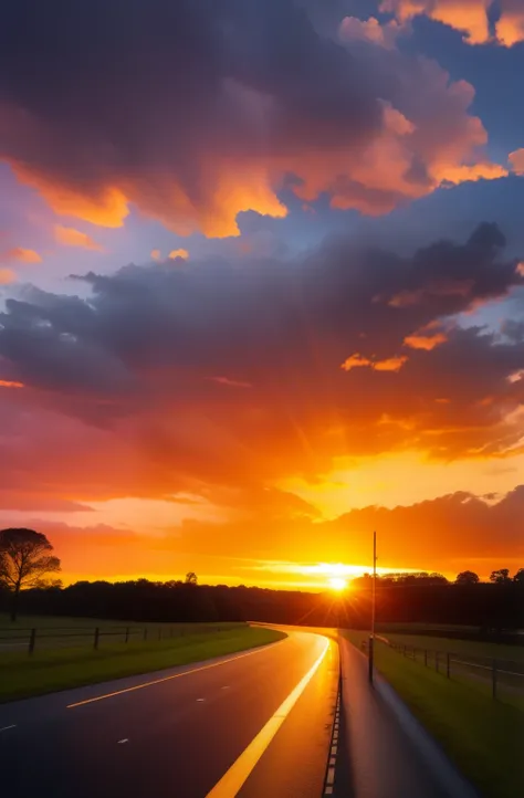 In the distance, a breathtaking sunset painting unfolds on the road before us. The aftermath of a storm leaves the sky moody, with a sunset in the background. The sun, still strong in the heavens, casts warm hues over the landscape as it sets, illuminating...