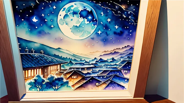 watercolor drawing art, wet-in-wet, blurred picture style, best quality, super fine, 16k, incredibly absurdres, extremely detailed, the night view from the guesthouses skylight, moon, stars, shooting stars