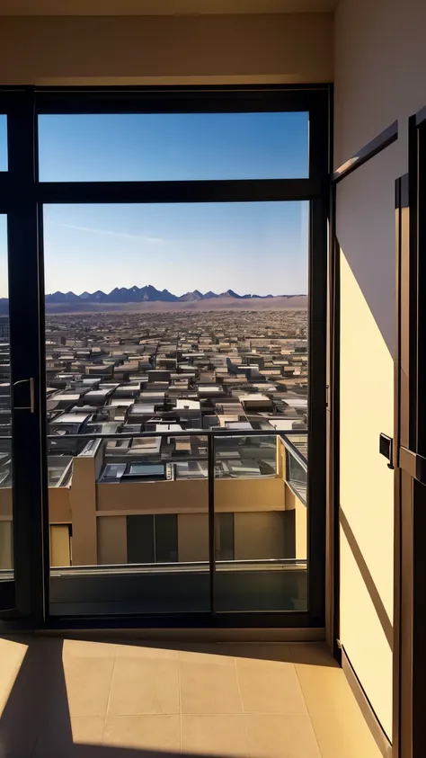 best quality, super fine, 16k, incredibly absurdres, extremely detailed, the view from the window of a room on the top floor of a high-rise apartment building, the bare desert land