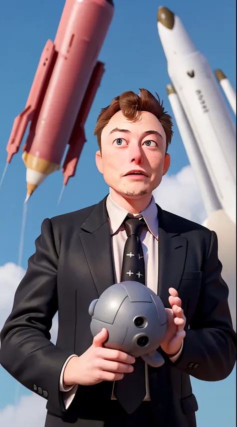 Believe Elon Musk dressed in a suit and with a rocket behind him, he tries to give the best possible detail to his face so that it can be seen in the foreground 