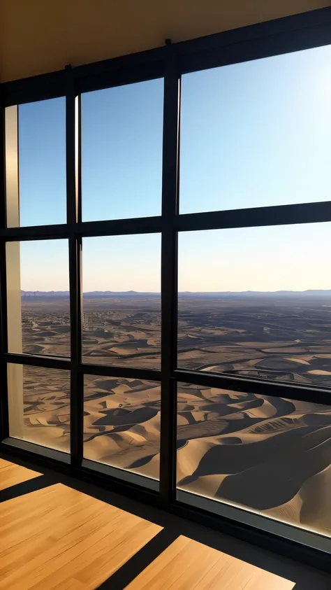 best quality, super fine, 16k, incredibly absurdres, extremely detailed, the view from the window of a room on the top floor of a high-rise apartment building, the bare desert land