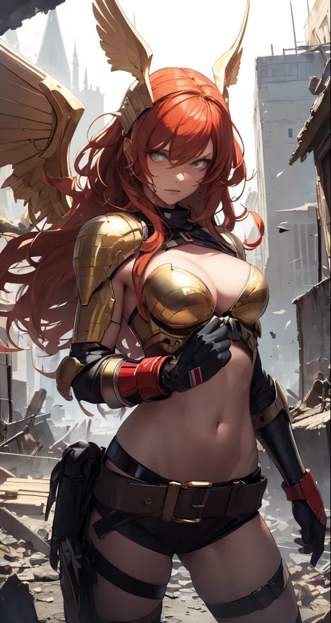 masterpiece, destroyed city detailed scenario, destroyed city detailed background, solo, woman, helmet with golden wings, red ha...