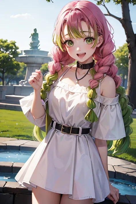 ((masterpiece:1.3, highly detailed:1.3, highres:1.1, best quality, HD)),((park view, trees, fountain, )),((smiling face, open mouth,biting teeth, closing eyeitsuri kanroji, braid, gradient hair, (green eyes:1.5), green hair, long hair, mole, mole under eye...