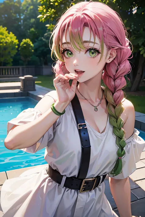 ((masterpiece:1.3, highly detailed:1.3, highres:1.1, best quality, HD)),((park view, trees, fountain, )),((smiling face, open mouth,biting teeth, closing eyeitsuri kanroji, braid, gradient hair, (green eyes:1.5), green hair, long hair, mole, mole under eye...