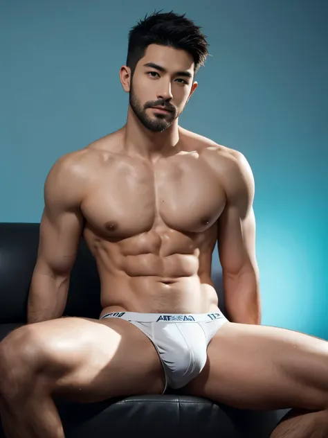 Arafed man in a briefs, handsome man, handsome guy, Full Body Shoot, photoshoot, beard, a little beard, male underwear, briefs, portrait, look at camera, detailed facial parts, Manly, Charmer, Active Boy, sitting, sitting on sofa, legs opened, harness, fur...