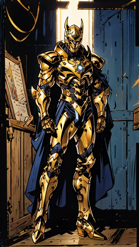 A man with short golden hair slicked back, his face entirely obscured by a Dynastinae concept mask, full mask, cold gaze, clad in an indigo blue fantasy-style Dynastinae concept chest plate, his arms and legs are clad in matching armor, he wears a white un...