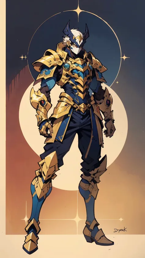 A man with short golden hair slicked back, his face entirely obscured by a Dynastinae concept mask, full mask, cold gaze, clad in an indigo blue fantasy-style Dynastinae concept chest plate, his arms and legs are clad in matching armor, he wears a white un...