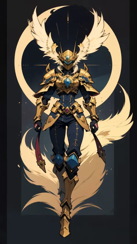 A man with short golden hair slicked back, his face entirely obscured by a Dynastinae concept mask, full mask, cold gaze, clad in an indigo blue fantasy-style Dynastinae concept chest plate, his arms and legs are clad in matching armor, he wears a white un...