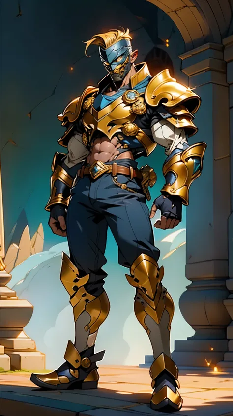 A man with short golden hair slicked back, his face entirely obscured by a Dynastinae concept mask, full mask, cold gaze, clad in an indigo blue fantasy-style Dynastinae concept chest plate, his arms and legs are clad in matching armor, he wears a white un...