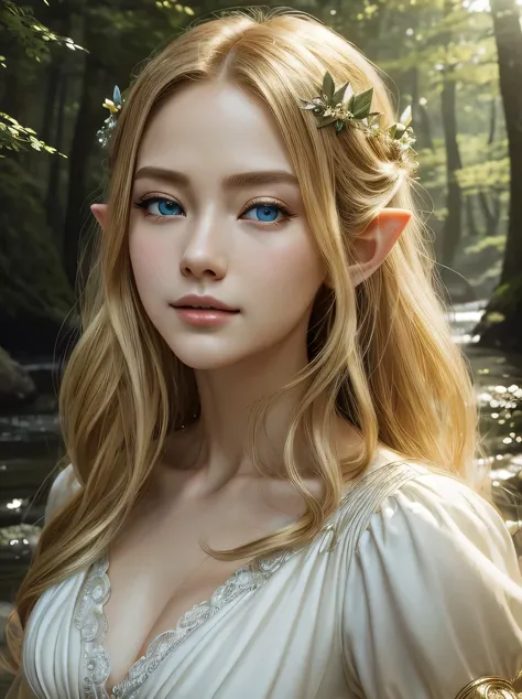 ((masterpiece、highest quality、Super fine、High resolution、photorealistic、sharp focus、cinematic lighting))、((1 female、bust shot))、high contrast、Portrait of a beautiful female elf、tall、skinny、bright blonde hair、intricate and beautiful design、Highly detailed b...