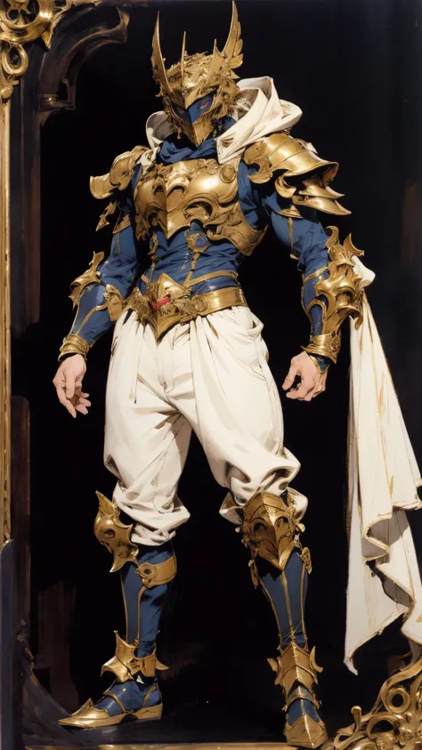 A man with short golden hair slicked back, his face entirely obscured by a Dynastinae concept mask, full mask, cold gaze, clad in an indigo blue fantasy-style Dynastinae concept chest plate, his arms and legs are clad in matching armor, he wears a white un...