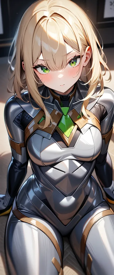 1girl,solo,Sala,original,blonde hair ,green eyes,silver bodysuit,hero bodysuit,metallic clothes,ultra-detailed,sharp focus,aesthetic,(best quality)