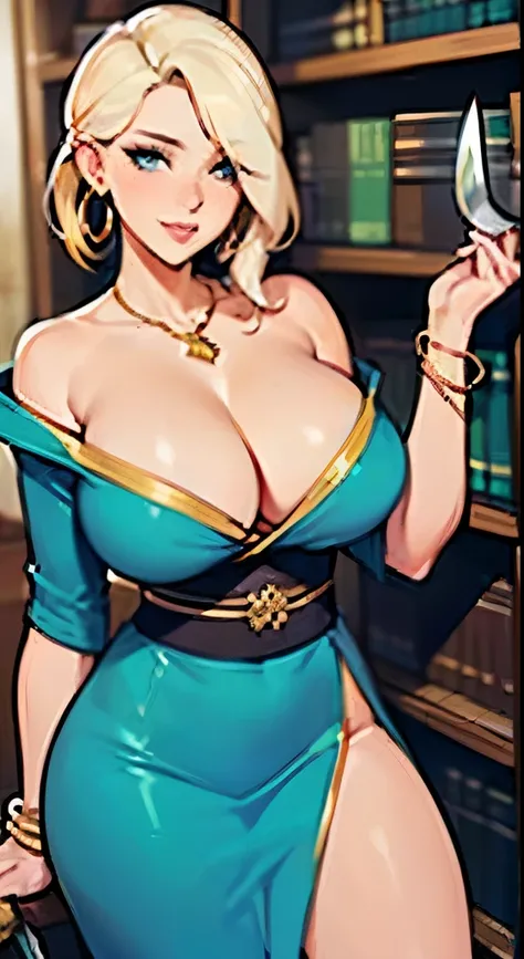 Masterpiece, Best Quality, (((Solo mature woman Janet))), (((platinum blonde hair))), long braided Ponytail, (((wide hips))), (((light blue eyes))), full lips, seductive smile, cleavage, sitting on wooden throne, (((bookshelves, candles))) sunset, blushing...