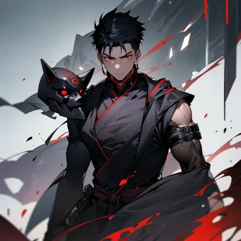 1male , undercut hair , black hair , red eyes , black yukata , messy hair , serious expression , holding a mask , muscular build...