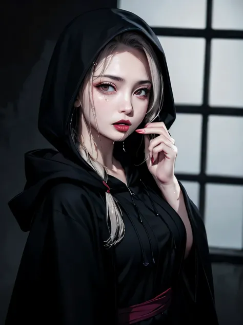 Girl, wear a black robe, darkness scenes, dark background, covered her eyes with the hood, portrait darkness, wet lips, wet mouth, wet tongue, dangerous, elegant darkness, very detailed picture, hd wallpaper, dark room, empty dark room. 