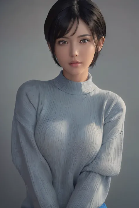 (masterpiece:1.3), (8k, photorealistic, RAW photo, best quality: 1.4), (1girl), beautiful face, (realistic face), (black hair, short hair:1.3), beautiful hairstyle, realistic eyes, beautiful detailed eyes, (realistic skin), beautiful skin, (sweater), absur...