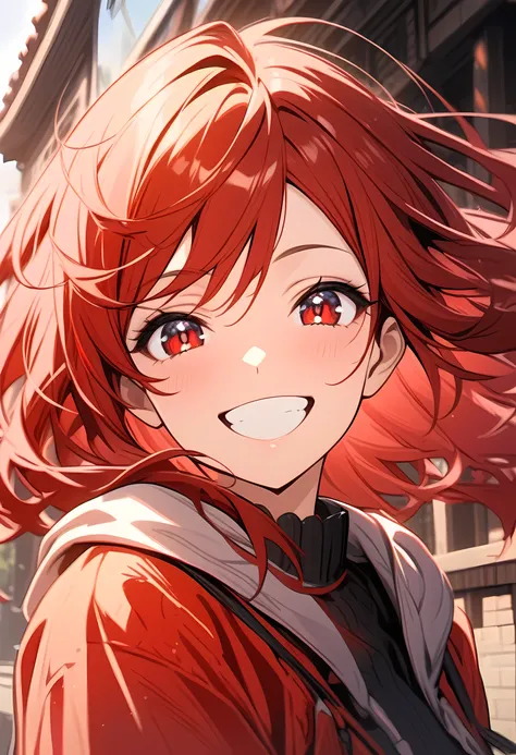  beautiful girl, 1girl, looking at viewer, standing, upper body, red hair, beautiful face, outside, wind blowing, detailed face, eyeliner, detailed red gradient eyes, shiny red eyes, black pupils, , face focus, pretty smile, happy, teeth, wide smile