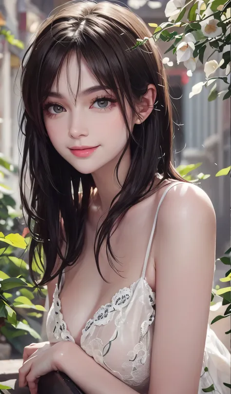 short hair、brown hair、woman posing for a photo, smile, Happy, long hair, straight hair, delicate skin, during the day, hot summer day, natural lighting, detailed face:1.2, sharp focus, Hasselblad Photos, masterpiece, light makeup, cinematic lighting, 4k, h...