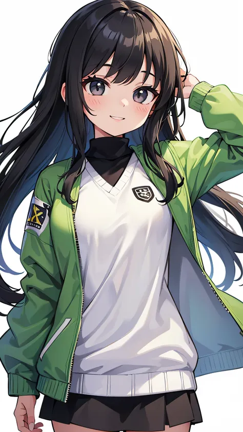 One girl vtuber model , black hair , black eyes , ((white sweater、wear a green jacket)), smile , high quality , extra detailed , rendered, white background