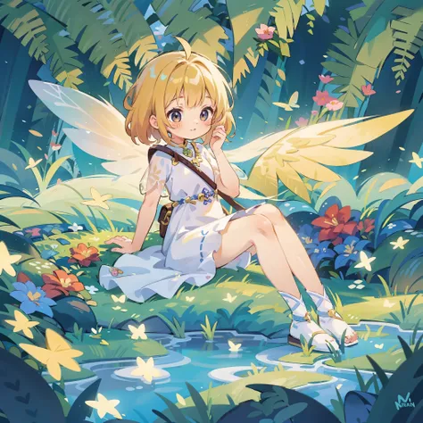 Flower fairy, ((female youth)), a (girl) fairy sitting inside a (flower bud), cute, golden hair, masterpiece, transparent wings, dew on leaves, fantasy clothing