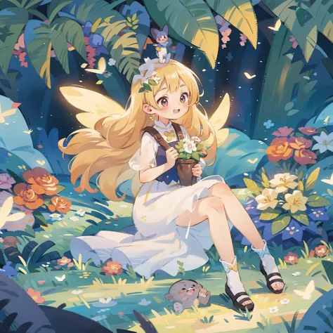 Flower fairy, ((female youth)), a (girl) fairy sitting inside a (flower bud), cute, golden hair, masterpiece, transparent wings, dew on leaves, fantasy clothing